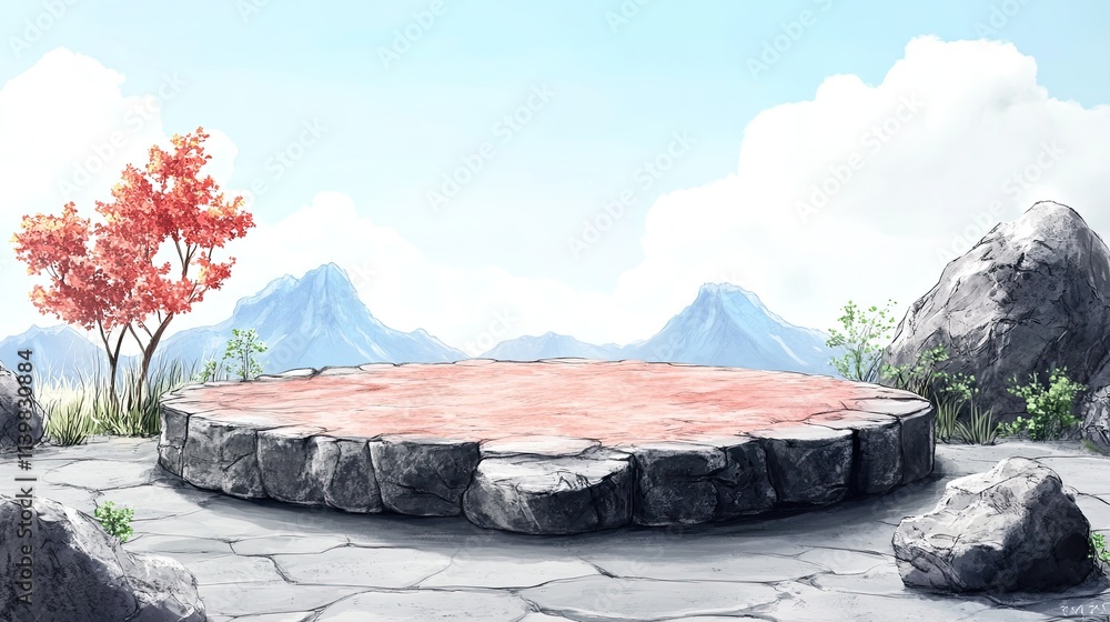 Poster stone platform with a view of mountains and a red tree, perfect for product display.
