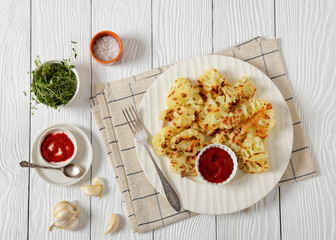 fried cauliflower florets on white plate, top view