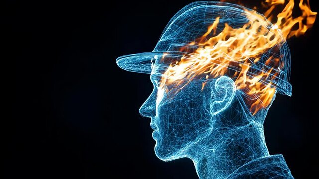 Double Exposure Image: Engineer and Fire, Representing Industry, Energy, and Innovation