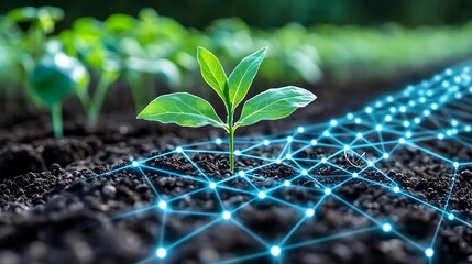 Innovative Agricultural Technology Concept Featuring Young Plant in Connected Soil Environment