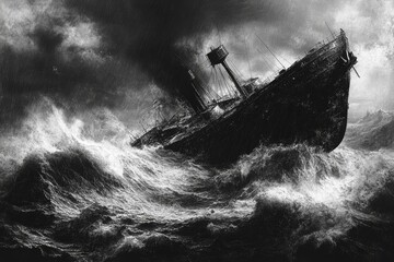 Stormy seas engulf a distressed vessel.