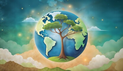 A tree and globe illustrating the role of forests for the Earth climate