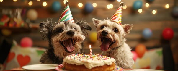 Two dogs with party hats sharing a birthday cake in a delightful, festive scene.