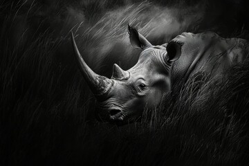 A powerful image of a rhinoceros with its horn prominently displayed