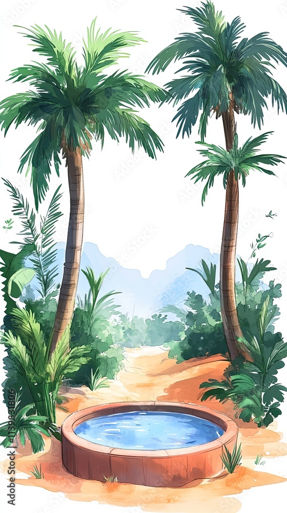 Poster two palm trees frame a small pool of water in a desert landscape.