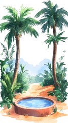 Fototapeta premium Two palm trees frame a small pool of water in a desert landscape.