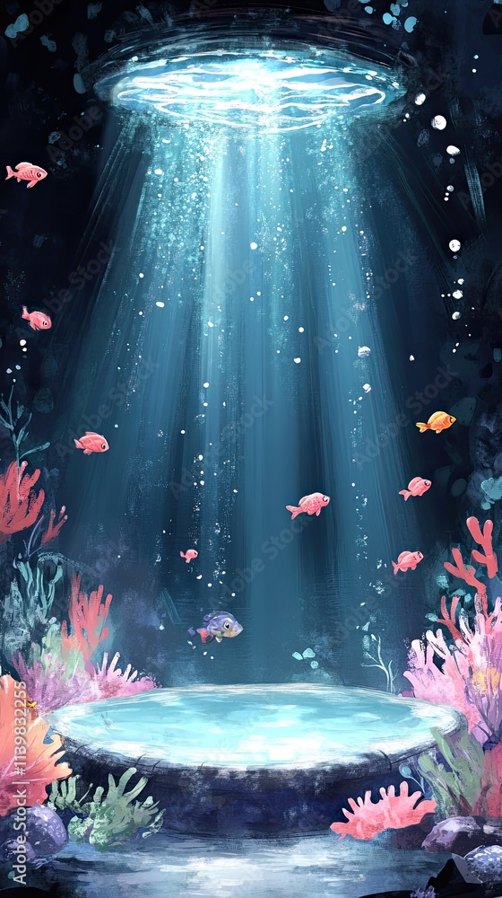 Poster underwater scene with a circular light shining down from above, illuminating a rocky platform surrou