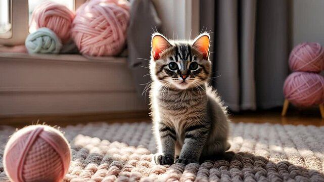 Cute fluffy kitty playing with woollen balls at cozy home