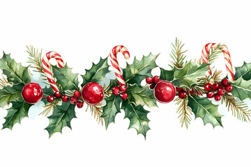 Watercolor Christmas garland with holly, candy canes, and berries.