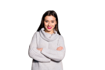 Portrait of gorgeous lovely lady with toothy smile looking at camera wearing grey sweater isolated over blue background