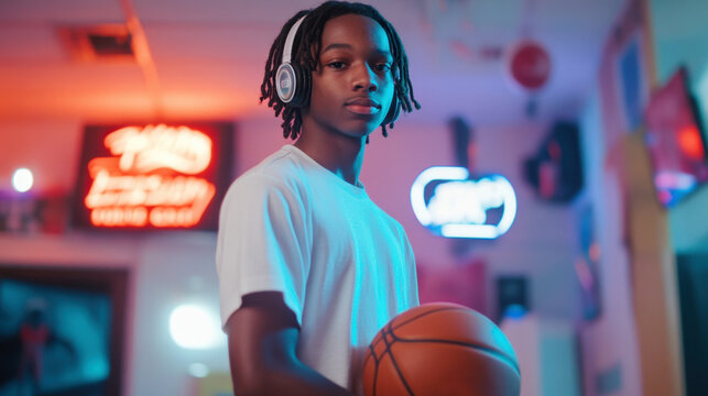 Teenager with headphones holding basketball in neon-lit urban setting - Powered by Adobe
