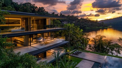 Obraz premium Serene sunset villa overlooking lake contemporary architecture lush greenery tranquil environment