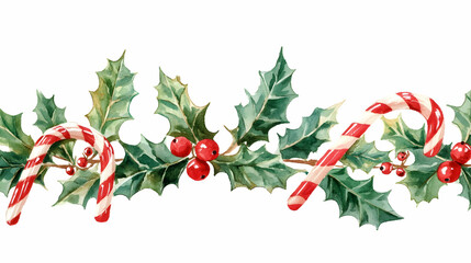 Watercolor Christmas holly and candy cane border. (3)