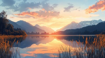 Tranquil sunset reflection over a calm lakeside scene with reeds nature landscape peaceful view warm hues