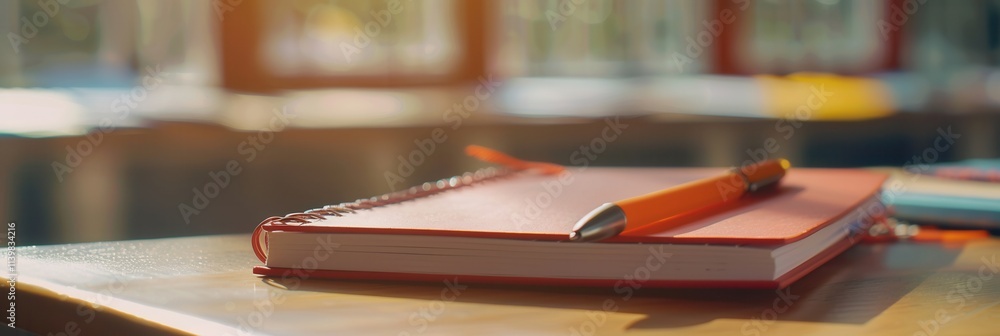 Poster notebook and pen resting on a desk in a modern classroom filled with bright orange chairs during a s