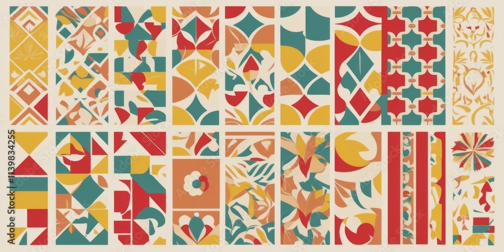 Poster a collection of colorful patterns and designs, including squares, triangles, and circles. scene is v