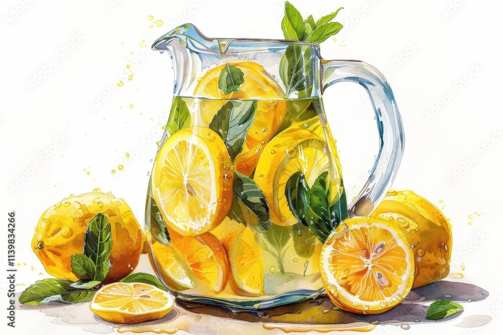 Poster a refreshing pitcher of lemonade with lemon slices and mint leaves.
