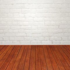 Old white brick wall and wood floor.