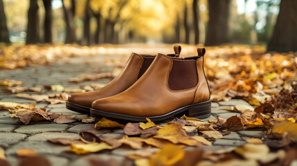 Leather boots on golden autumn forest path