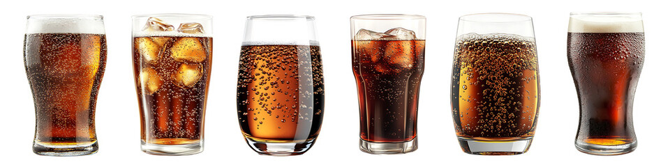 Several glasses of dark brown, fizzy drinks with ice. transparent background