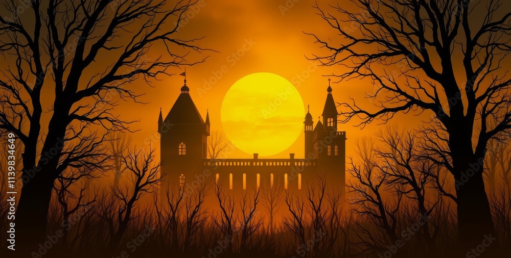 Poster a dark forest with a large building in the background and a full moon in the sky. scene is eerie and
