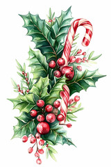 Obraz premium Watercolor Christmas holly, berries, candy cane arrangement.