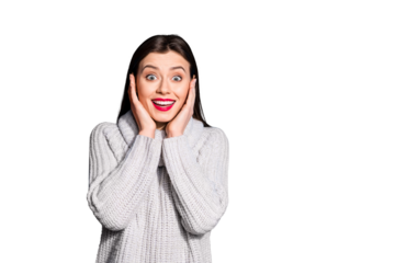 Portrait of pretty lady shouting looking at camera touching her face wearing gray  sweater isolated over blue background