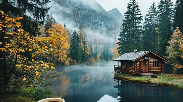 Serene Mountain Cabin: A tranquil scene of a cozy log cabin nestled on the banks of a misty lake. The surrounding forest is ablaze with autumn colors, creating a sense of peace and serenity.  