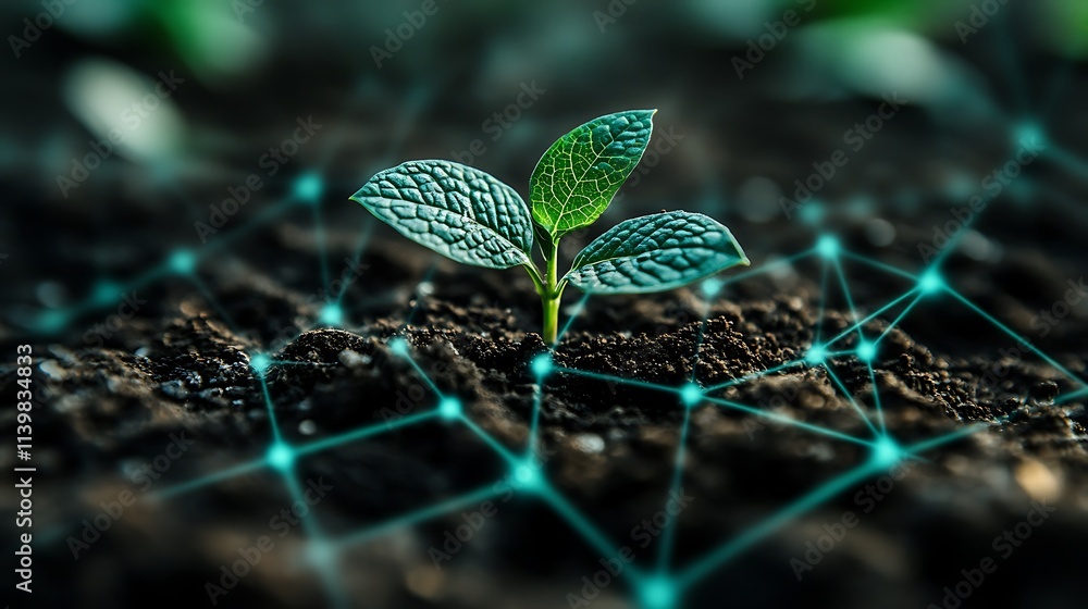 Poster seedling growing in dark soil with digital network overlay representing technology and growth