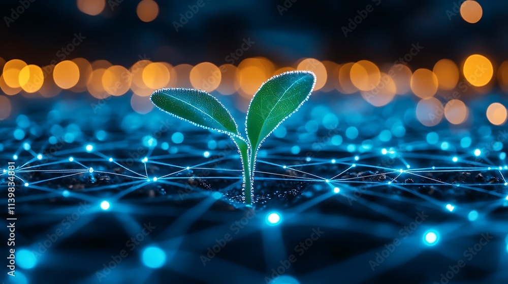 Poster seedling growing in digital network with glowing connections and warm bokeh background