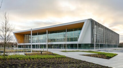 Obraz premium Modern architectural building, glass facade, large windows.