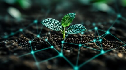 Seedling Growing in Dark Soil with Digital Network Overlay Representing Technology and Growth