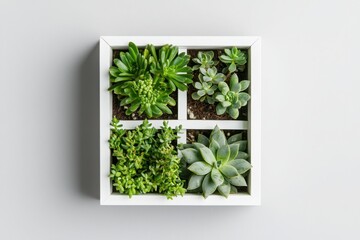 Eco-friendly product launch whimsical cacti and succulents display in white frame light gray background modern aesthetic
