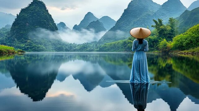 Serene Reflection in Vietnam: A woman in an &aacute;o d&agrave;i stands on a tranquil lake, surrounded by the majestic karst mountains of Vietnam.