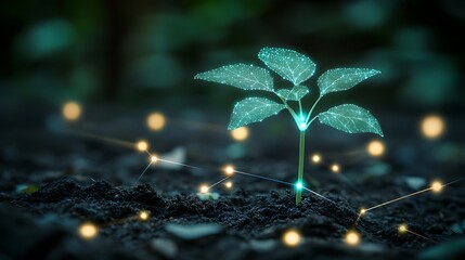 Seedling Growing in Soil with Digital Connections and Glowing Particles Representing Modern Agriculture Technology