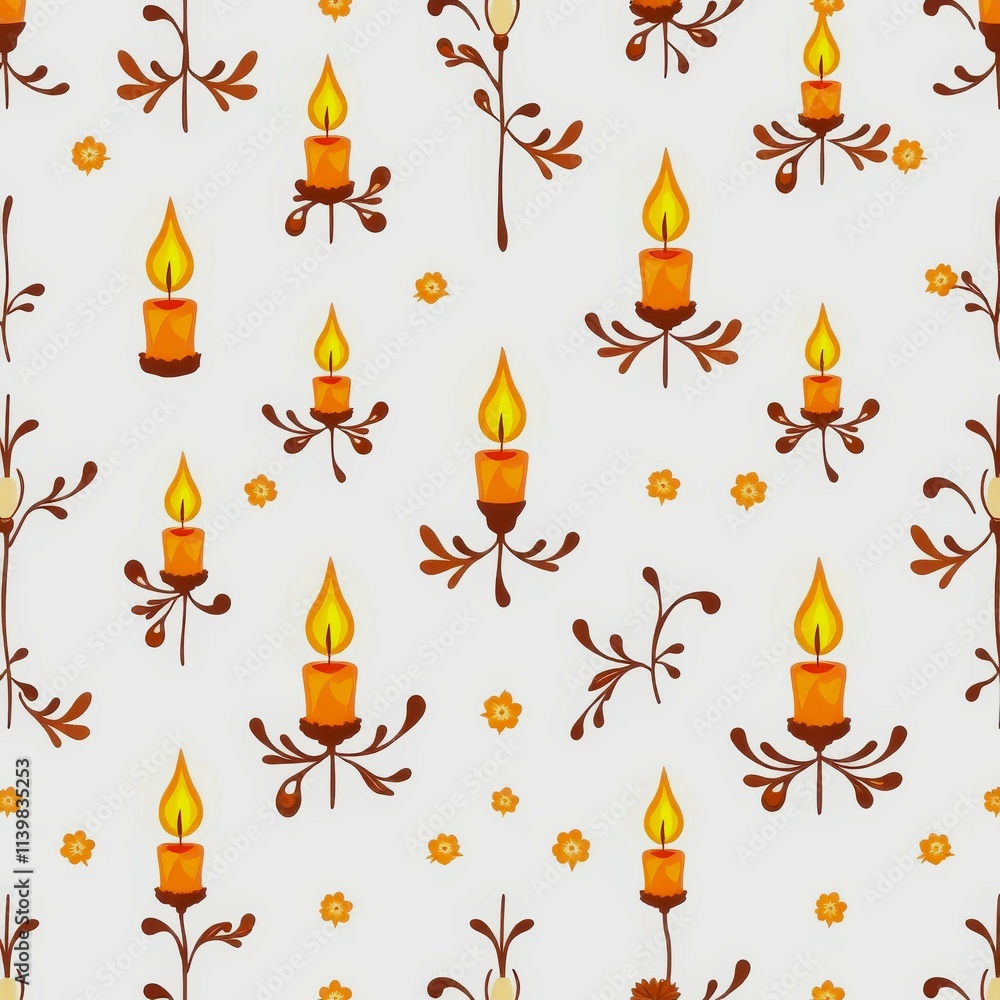 Poster a pattern of candles with a white background. the candles are lit and the pattern is orange and whit