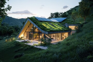 Obraz premium Eco-friendly home with green roofs and solar panels hillside architectural design twilight aesthetic sustainability
