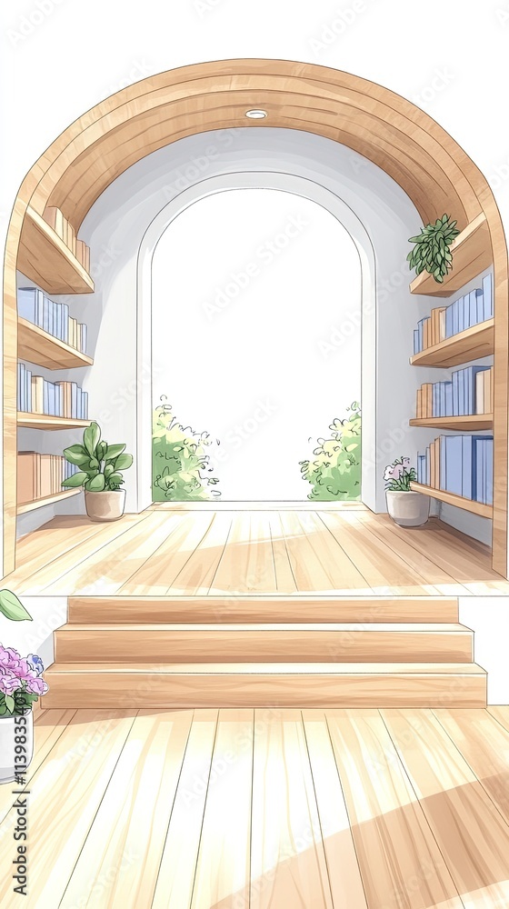 Poster wooden archway with bookshelf and steps leading to a window with a view of a green garden.