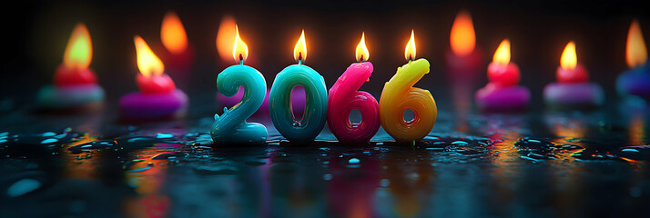 Colorful 2066 Candles on Wet Surface, Reflecting Light, Brightly Lit, Festive Celebration, New Year's Eve, Future, Hope, Aspirations.