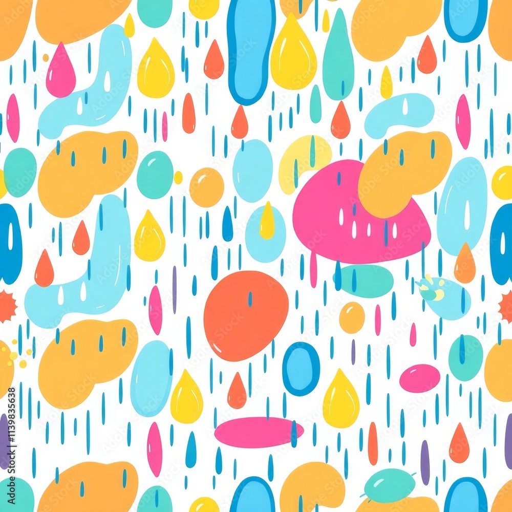 Poster a colorful pattern of raindrops and clouds. the colors are bright and cheerful, creating a fun and p