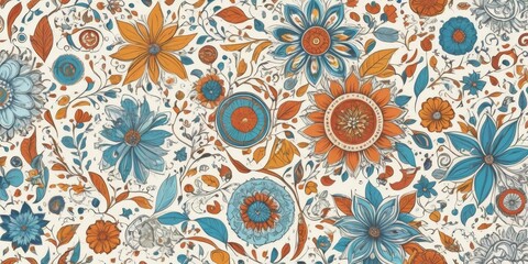 A floral patterned fabric with blue, orange, and white flowers. The flowers are arranged in a way that creates a sense of movement and depth. Scene is one of beauty and tranquility