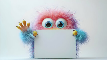 Fluffy Monster 3D Illustration Holding Sign