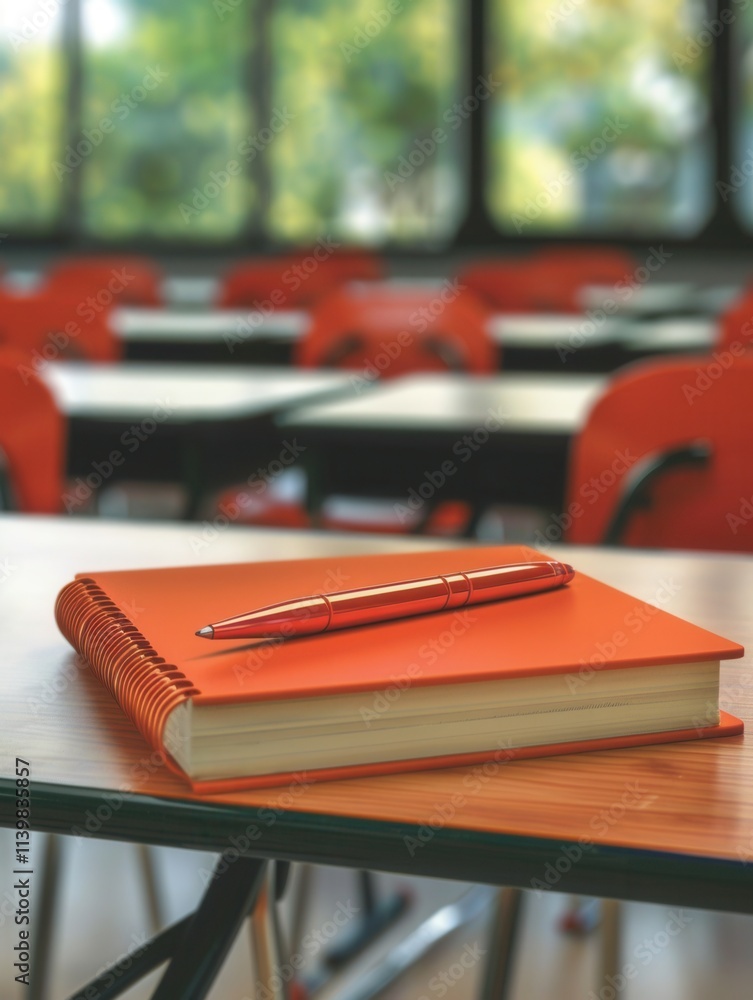 Leinwandbilder notebook and pen resting on a desk in a modern classroom filled with bright orange chairs during a s