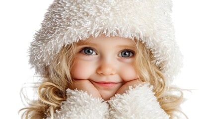 joyful little girl, headshot, dressed in a Christmas-themed outfit, cheerful smile, glowing holiday spirit, isolated on white background