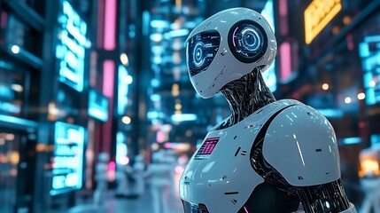 futuristic cityscape, advanced AI technology, robots interacting with humans, digital interfaces, seamless integration of AI in daily life