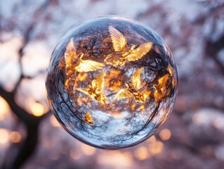 Angelic illumination oversized glass sphere with miniature angels soft pink bokeh background artistic display