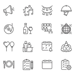 Event planning set of web icons in linear style. Event organisation icons for web and mobile app. Management, wedding, entertainment, catering, invitations, catering, coordination. Vector illustration