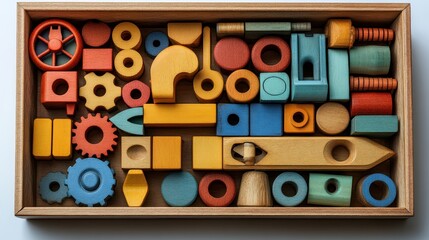 Colorful wooden blocks and gears in a wooden box.