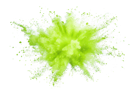neon green color powder explosion isolated on white or transparent png