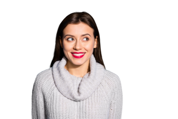 Portrait of pretty youngster looking having thoughts wearing gray sweater isolated over blue background